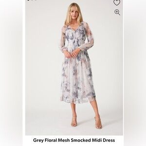 PinkBlush Grey Floral Mesh Smocked Midi Dress MEDIUM
